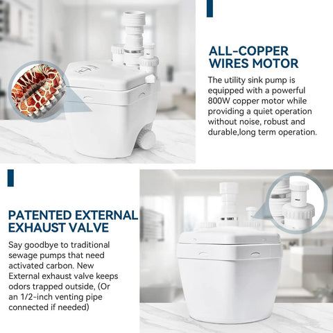 Heavy Duty 1 HP Under Sink Pump With Automatic PCB Upflush System, featuring a copper wires motor and external exhaust valve