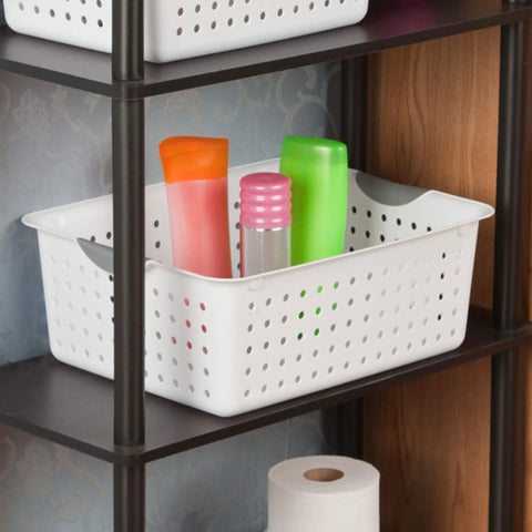 Large Ultra Storage Baskets Pack Of 6 For Closet, Cabinet, And Pantry Organization, white bin on shelf with bottles