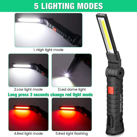 Five lighting modes of 4 Pack LED Work Lights With COB Beams Rechargeable Flashlights Magnetic Base Hanging Hook 360 Degree Rotating Head 5 Modes Portable For Car Repair Home And Outdoor Use Bangin Brightness And Energy Efficiency