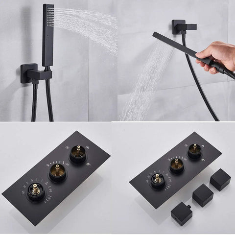 Badass Matte Black Wall Mount Shower Combo With Thermostatic Dial And Air Boost Tech showing handheld sprayer and control panel.