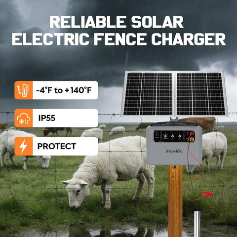 Adjustable Output Solar Fence Charger for Livestock in pasture, Six to Twelve KV High Voltage One Point Five Joule Shock, 30 Mile Range
