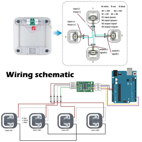 Four Pack 50Kg Load Cell Weight Sensor Half Bridge Kit With HX711 Amplifier Module for Arduino wiring schematic diagram.