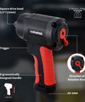 Labelled components of Compact Half Inch Air Impact Wrench Delivers Up To 700 Ft-Lb Max Torque, 450 Ft-Lb Working Torque, And 9000 RPM