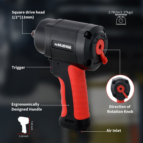 Labelled components of Compact Half Inch Air Impact Wrench Delivers Up To 700 Ft-Lb Max Torque, 450 Ft-Lb Working Torque, And 9000 RPM