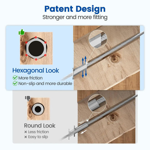 Hexagonal and round look comparison of stainless steel cable railing angle sleeves for wood posts installation.