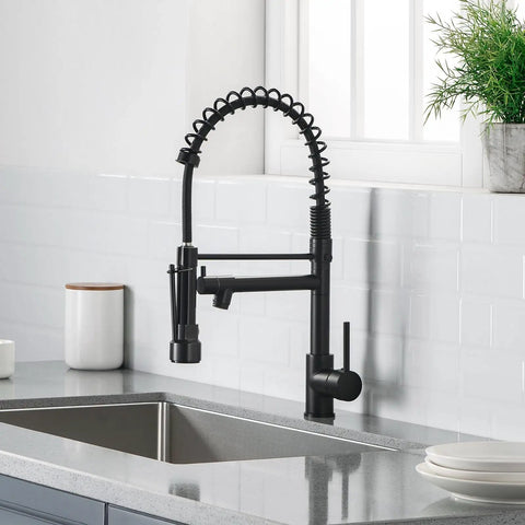Kitchen Faucet with Pull Down Sprayer, Commercial Spring Single Handle Stainless Steel Sink Faucet, Two Function Spray Head, High Arc Single Hole Kitchen Faucet cUPC/NSF/NSF61 (Black) in modern kitchen setting.