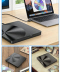 External CD DVD Drive With USB 3.0 And USB C Plug And Play No Drivers Needed CD Burner RW DVD Writer Portable Optical Drive For Laptop And Desktop PCs Works With Windows 11 10 8 7 MacBook Mac OS And Linux, black slim case with laptop and discs