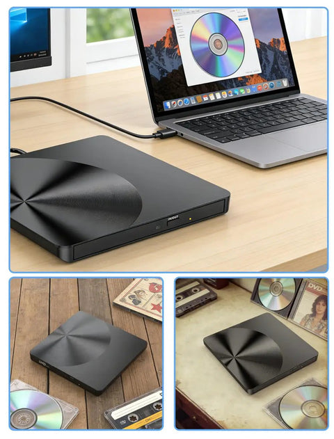 External CD DVD Drive With USB 3.0 And USB C Plug And Play No Drivers Needed CD Burner RW DVD Writer Portable Optical Drive For Laptop And Desktop PCs Works With Windows 11 10 8 7 MacBook Mac OS And Linux, black slim case with laptop and discs