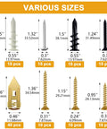 Various sizes of components from Self Drilling Drywall Anchors Kit 140 Piece Assortment with measurements