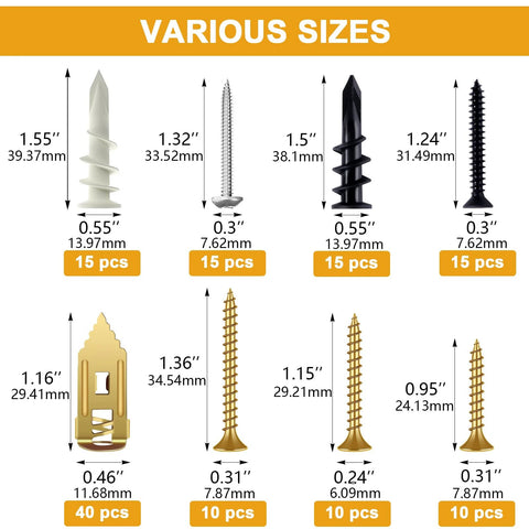 Various sizes of components from Self Drilling Drywall Anchors Kit 140 Piece Assortment with measurements