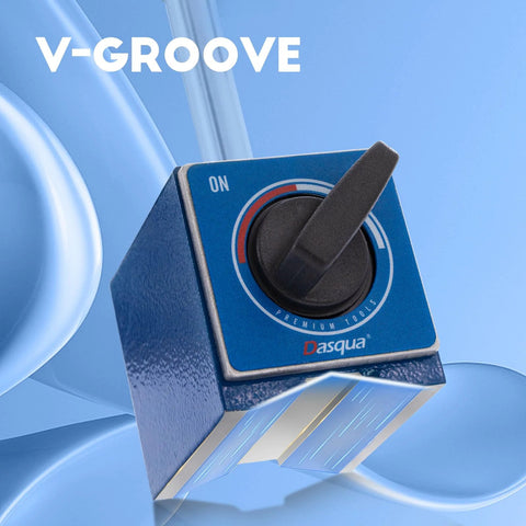 Dasqua magnetic base indicator holder; blue square housing with black adjustment dial and Dasqua logo.