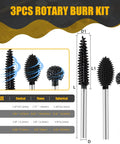 CAELUM 3‑pc rotary burr set, front view; 1/8" shaft wood carving burrs: conical, flame, spherical