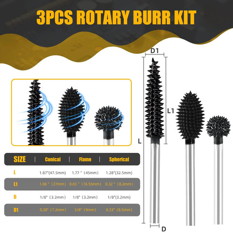 CAELUM 3‑pc rotary burr set, front view; 1/8" shaft wood carving burrs: conical, flame, spherical