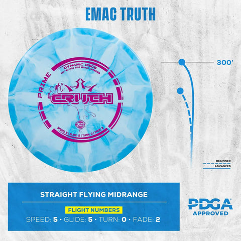 Prime Burst Five Disc Golf Starter Set Emac Truth midrange close-up with blue swirl design, speed 5, glide 5, turn 0, fade 2.