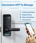 Keyless Entry Digital Door Lock For Front Door With Fingerprint And Passcode App Control And Remote Unlock Key Fob And Alexa Voice Unlock No Fuss Easy Installation Black with smartphone app.