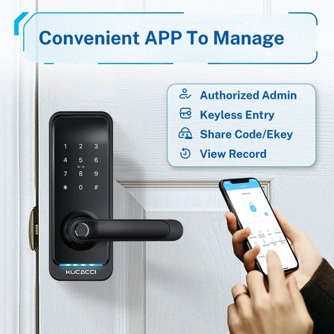 Keyless Entry Digital Door Lock For Front Door With Fingerprint And Passcode App Control And Remote Unlock Key Fob And Alexa Voice Unlock No Fuss Easy Installation Black with smartphone app.