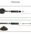 Stainless Steel 14.4 Inch Neodymium Pickup Tool With Quick Release Handle showing magnetism and release of metal shavings.