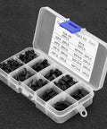 M3 Nylon Standoff Kit 300 Piece Assortment With Male And Female Screws Nuts And Spacers For PCB Motherboard Circuit Board Mounting Hardware And Electronic DIY Projects Great For Prototyping Enclosures And Equipment. Open plastic organizer with assorted black M3 nylon spacers and screws