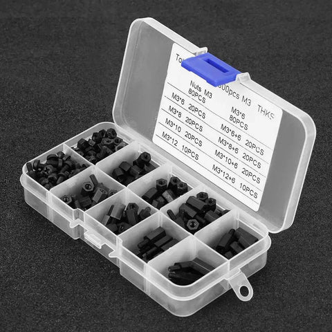 M3 Nylon Standoff Kit 300 Piece Assortment With Male And Female Screws Nuts And Spacers For PCB Motherboard Circuit Board Mounting Hardware And Electronic DIY Projects Great For Prototyping Enclosures And Equipment. Open plastic organizer with assorted black M3 nylon spacers and screws