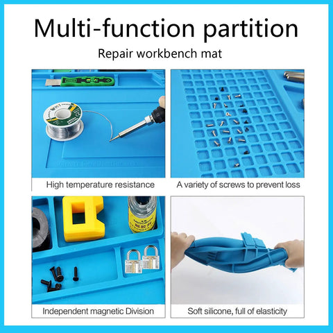 Pro Level Silicone Workbench Mat Featuring a Rock Solid Magnetic Surface and Smart 10 Slot Organizer Perfect for Soldering Phone Fixing and Lock Picking Practices Hella Heat Resistant 17.7 x 11.8 Inch with silicone finish.