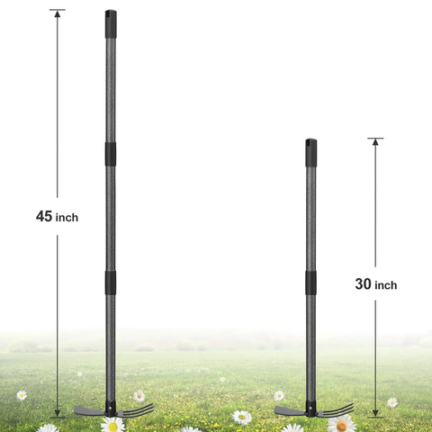 2 In 1 Garden Hoe Cultivator With 45 Inch Long Handle For Weeding And Soil Loosening shown with 30 inch adjustable option.