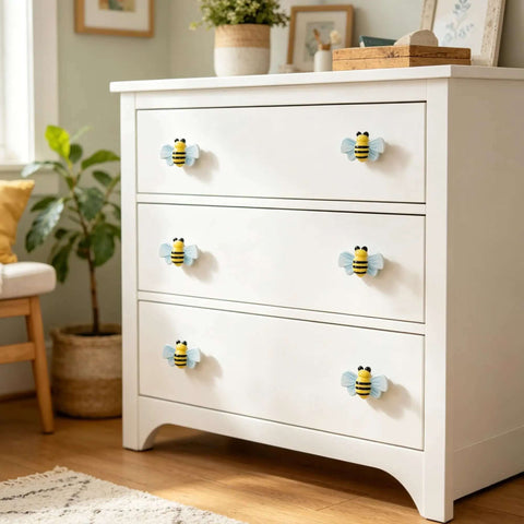 Hella Cute Yellow Honey Bee Ceramic Drawer Knobs And Cabinet Pulls, 6 Pack Set With Screws For Whimsical Nursery Kids Bedroom Furniture Hardware Dreamy Upgrade on white dresser.