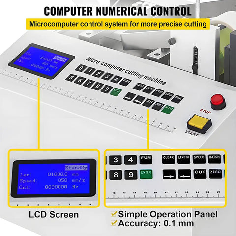 Essential Auto Electric PVC Heat Shrink Tube Cutter with microcomputer control panel and LCD display for precise cutting.