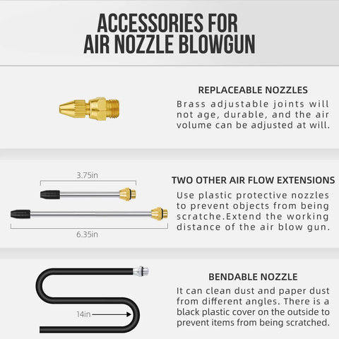 Pro Grade Air Blow Gun Set With Brass Adjustable Nozzle Three Flow Extensions Six Sealing Rings Universal Blow Hose Quick Coupler Accessories