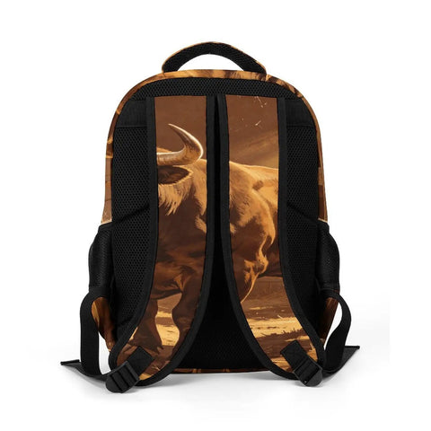 Back view of Long Horn Bull Vintage Print Backpack For Adults showing straps and printed bull design