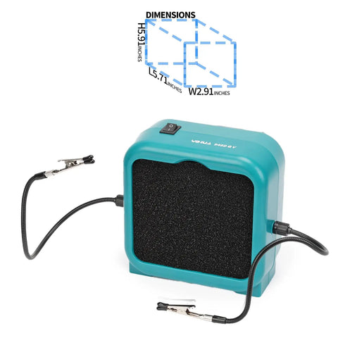 Sweet Compact Soldering Fume Extractor With Flexible Helping Hands And Heavy Duty Activated Carbon Filters, dimensions shown.