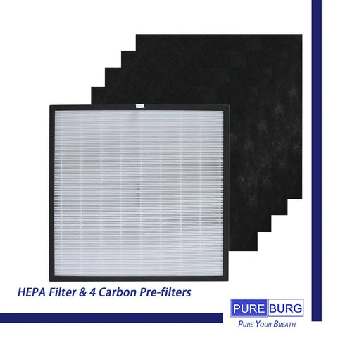 Close-up of Whirlpool Whispure Pro 2000 Series Replacement Filter Set with H13 True HEPA and four carbon pre-filters stacked.