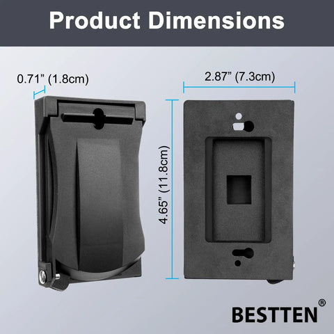 Front and side view of 10 Pack Outdoor Outlet Covers For GFCI And Decorator Receptacles, Weatherproof, in black, with dimensions.