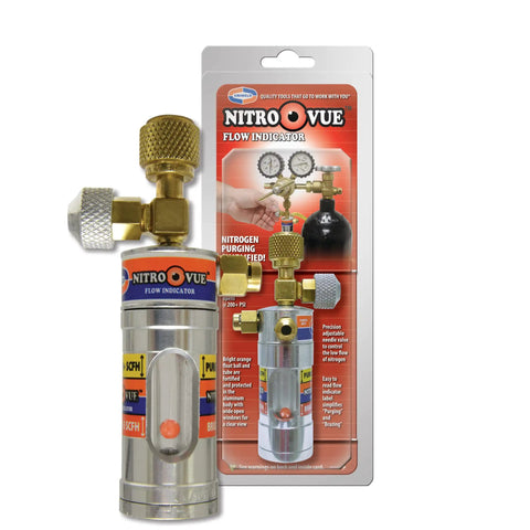 Nitrogen Flow Indicator With Adjustable Valve And Bright Orange Float Ball For Precise Low Flow Control Easy Read Label And Purge Copper Lines At Twenty Plus SCFH Then Dial In Three To Five SCFH For Brazing, packaged