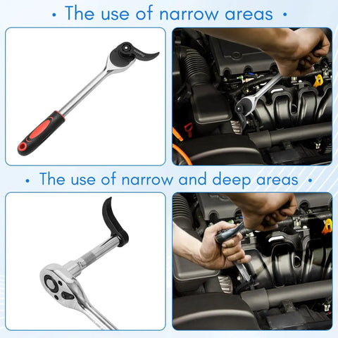 Pry Bar Wrench Adapter Head in use for car engine repair, showcasing strong leverage in tight spaces, pro-grade carbon steel.
