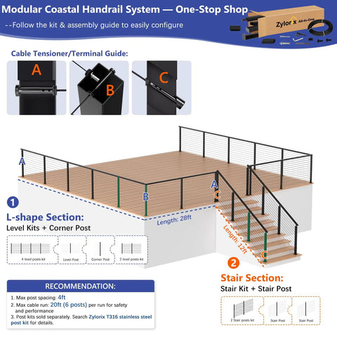 Tough As Nails 8 Foot Marine Grade Stainless Steel Black Handrail For Cable Railing Systems assembly guide on a wooden deck.