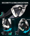 Close-up of Three-Piece 10-Inch Aviation Tin Snips Set For Sheet Metal Aluminum And Vinyl Left Cut Red Right Cut Green Straight Cut Yellow Aircraft Grade Cr-V Steel Serrated Edges showing lock and unlock mechanism.