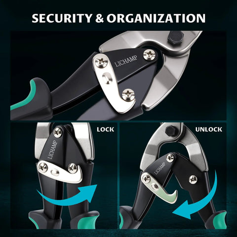 Close-up of Three-Piece 10-Inch Aviation Tin Snips Set For Sheet Metal Aluminum And Vinyl Left Cut Red Right Cut Green Straight Cut Yellow Aircraft Grade Cr-V Steel Serrated Edges showing lock and unlock mechanism.