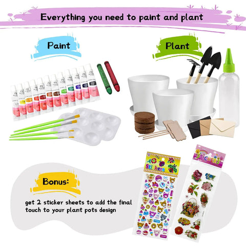 Paint And Plant Kid Friendly Gardening Kit For Boys And Girls, Fun Flower Pot Painting Set with paints, pots, seeds, tools