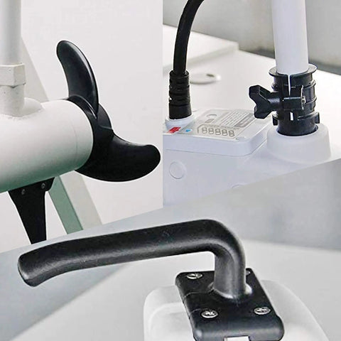 Close-up of Smooth Riding Electric Trolling Motor With 55 Lbs Of Sweet Juice And A Tough 54 Inch Bow Mount Shaft featuring handle and propeller.