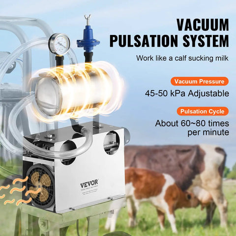 Hands Free Goat Milking Machine With 12 L Stainless Steel Bucket showing vacuum pulsation system and cows in background.