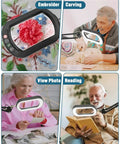 12X Rectangular Magnifier With Light And Stand Large 2 By 16 Inch Swivel Arm LED Desk Lamp in use for crafts and reading