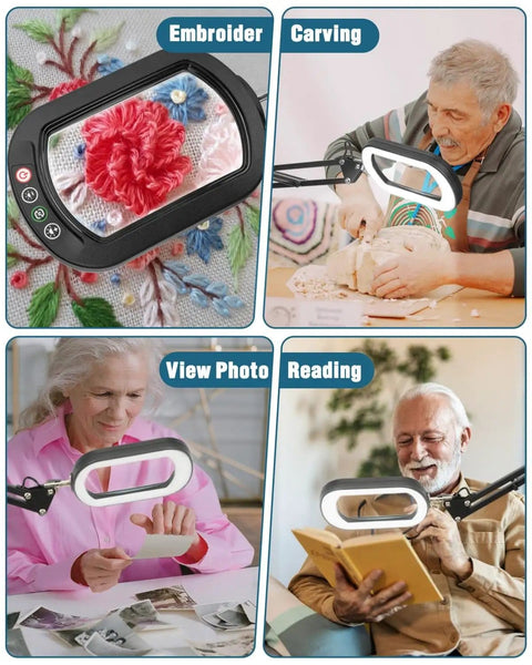 12X Rectangular Magnifier With Light And Stand Large 2 By 16 Inch Swivel Arm LED Desk Lamp in use for crafts and reading