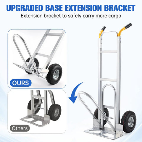 Heavy Duty Aluminum Hand Truck Dolly Cart With Ten Inch Pneumatic Tires Extendable Frame Delivers 600 Pound Capacity
