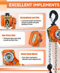 Lever chain hoist side view, orange steel body, 1-1/2 ton capacity, 10 ft chain and top hook