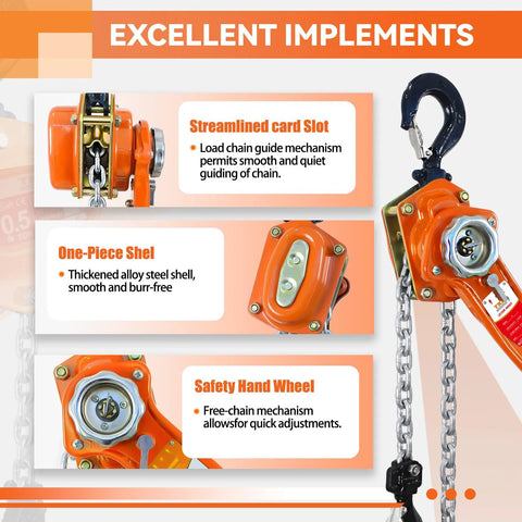 Lever chain hoist side view, orange steel body, 1-1/2 ton capacity, 10 ft chain and top hook