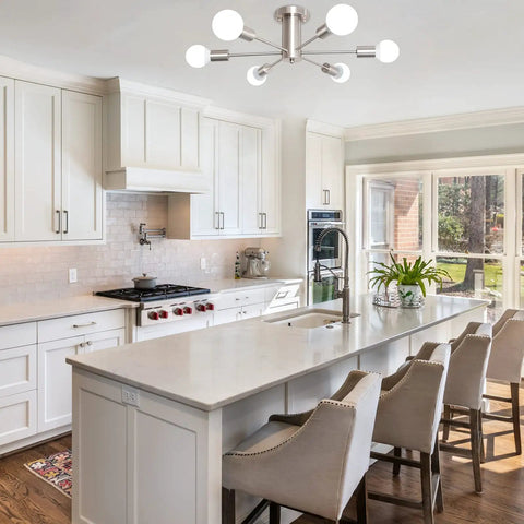 Six Light Brushed Nickel Sputnik Semi Flush Mount Ceiling Light Fixture With Mid Century Modern Vibe Above Kitchen Island