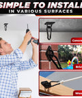Man installing Ultra Heavy Duty Hammock Hanging Kit 1700 Lb Capacity With 2 M10 Stainless Pad Eye Hooks on various surfaces.