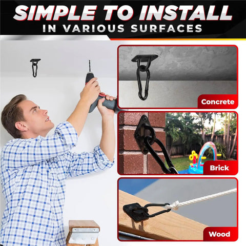 Man installing Ultra Heavy Duty Hammock Hanging Kit 1700 Lb Capacity With 2 M10 Stainless Pad Eye Hooks on various surfaces.