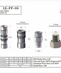 LX-FF-04 1/2 in NPT skid-steer flat-face hydraulic quick-disconnect coupling with red dust caps, technical diagram