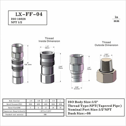 LX-FF-04 1/2 in NPT skid-steer flat-face hydraulic quick-disconnect coupling with red dust caps, technical diagram